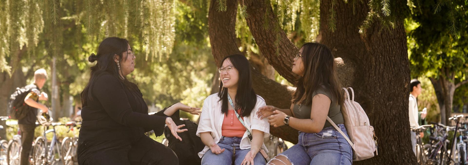 Three students talking and laughing outdoors