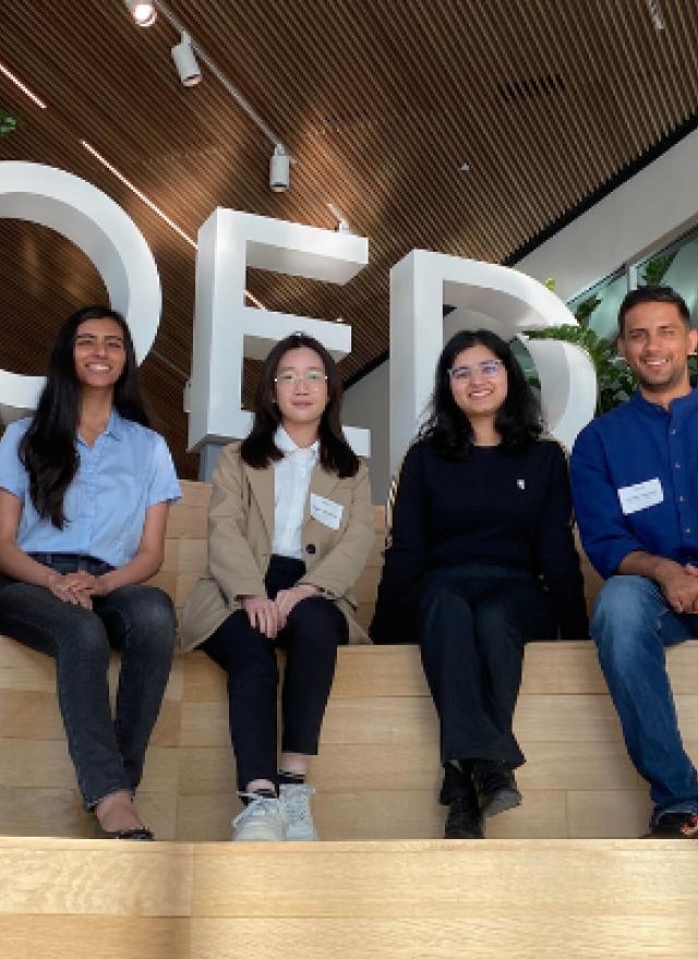 Six MSBA students sitting on the steps of the KQED offices